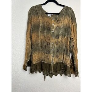 Vandana‎ Womans Sz L Button Down Embroidered Boho Wood Fairy GoblinCore Tie Back